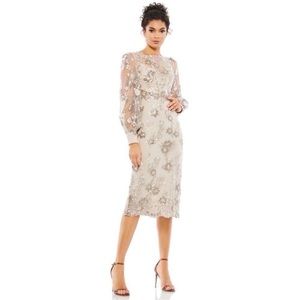 Mac Duggal Embellished High Neck Illusion Long Sleeve Midi Dress- NWT10‎